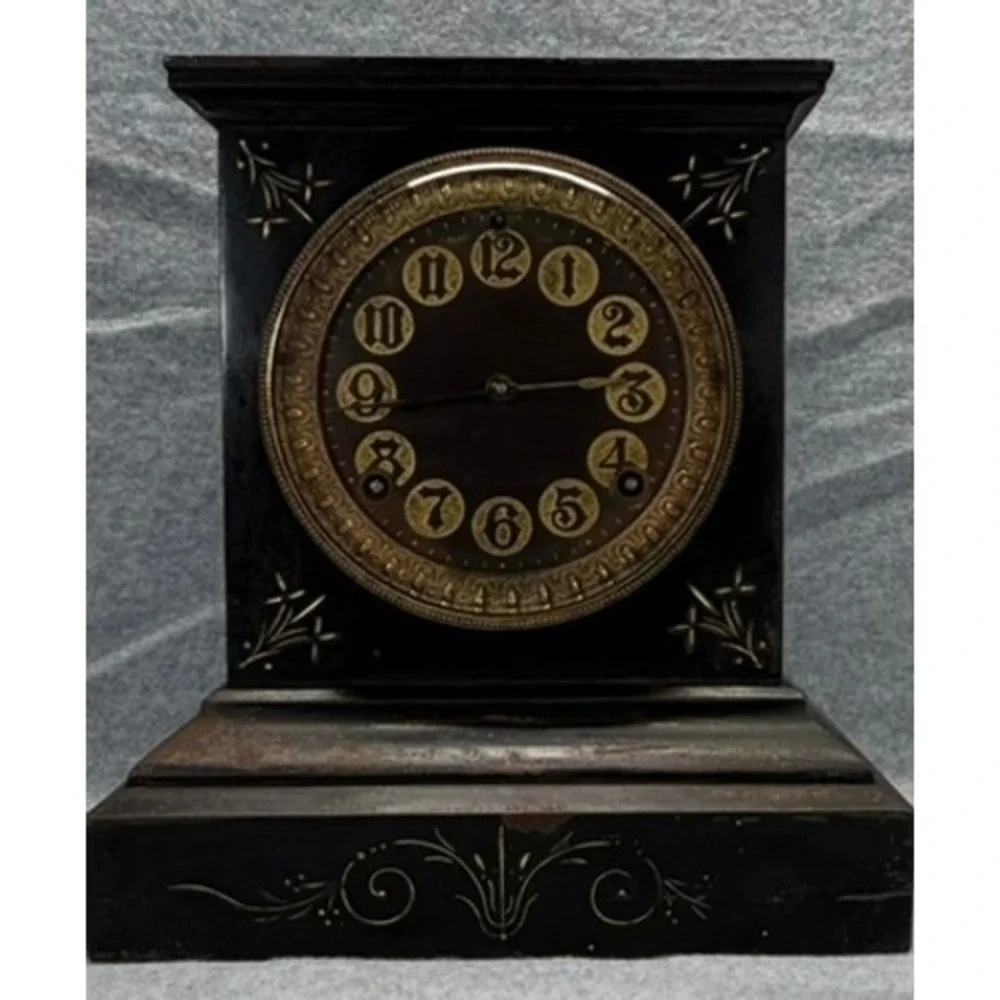 Antique Ansonia Mantel Clock Black Gold Floral 1882 Patent Victorian Decor